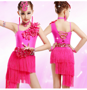 Violet purple fuchsia hot pink yellow fringes girls kids children competition professional rhinestones performance latin salsa dance dresses